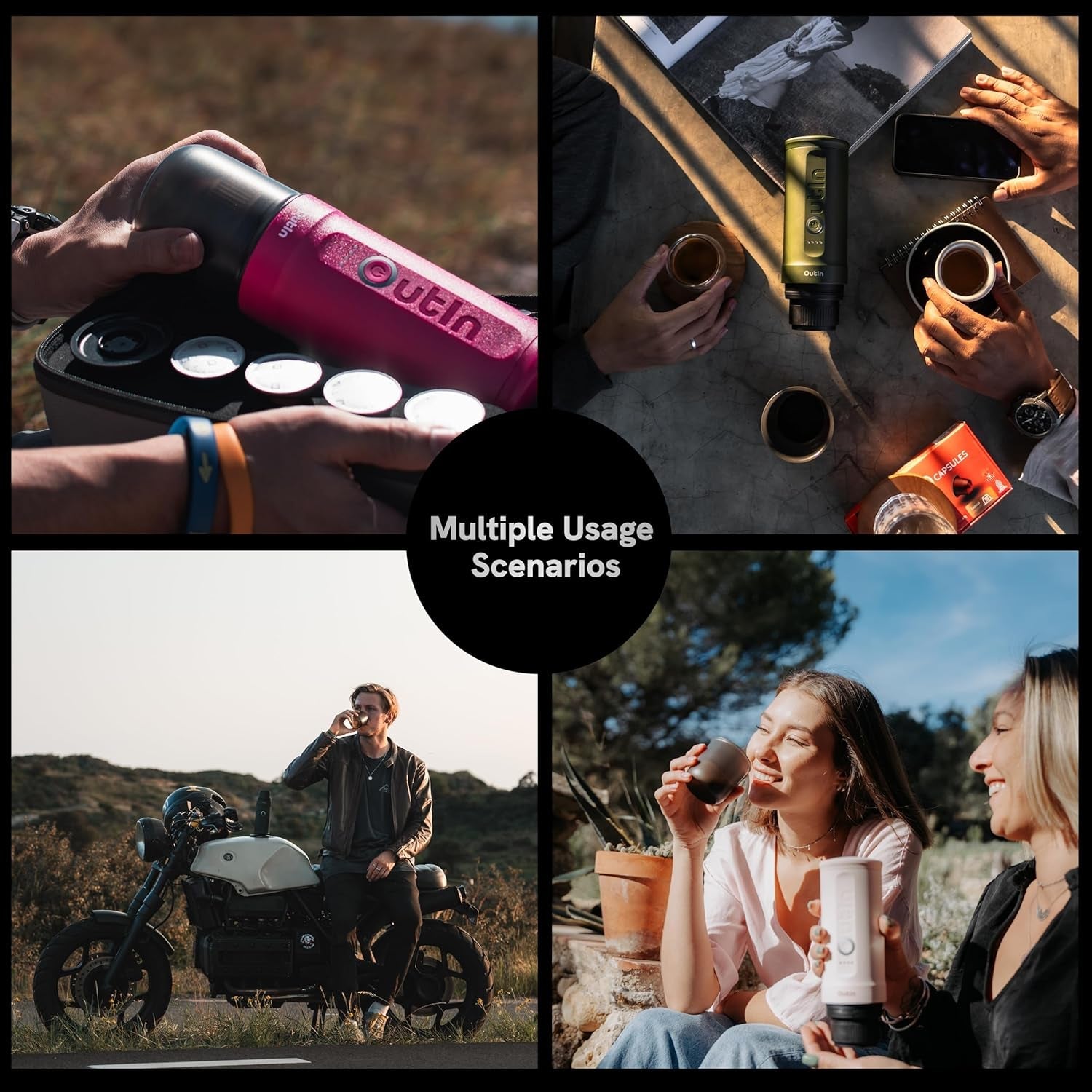 OutIn Nano draagbare elektrische espressomachine, campingkoffiezetapparaat, USB-C zelfverwarmend, compatibel met gemalen koffie en NS-capsules