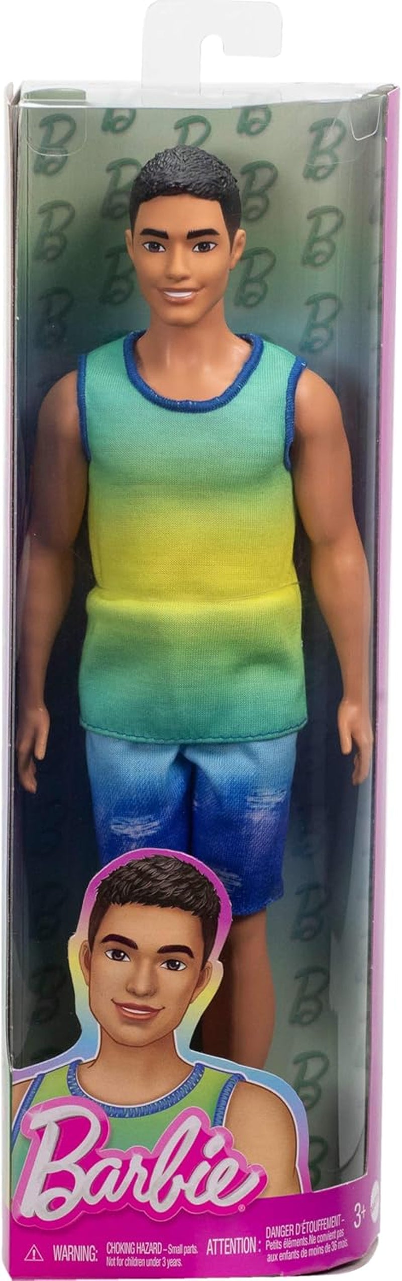 Ken Barbie Fashionistas pop nr. 236 met zwart haar, groenblauw ombré tanktop, spijkerbroek en zilveren sneakers, HYV00