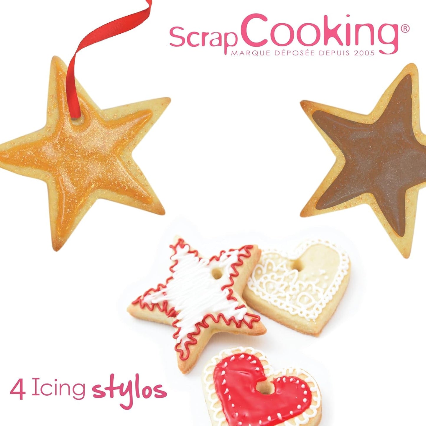 Scrapcooking - 4 stuks markers: goud, chocolade, wit en rood - decoratieve eetbare stiften voor het schrijven en tekenen op desserts, taarten en koekjes