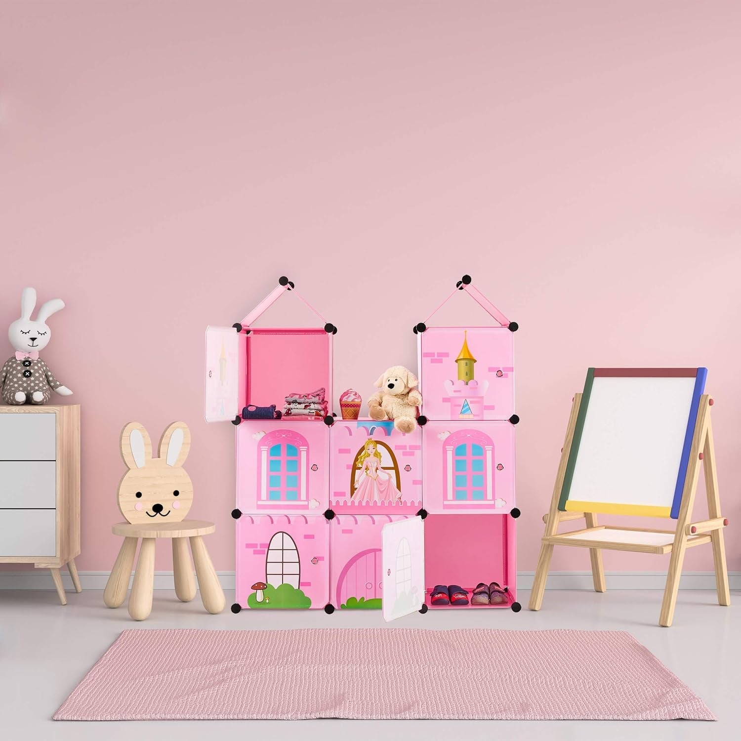 Relaxdays modulaire plank voor kinderkamers, prinsessenkasteelontwerp, kunststof, doe-het-zelfkast met deuren, HL: 128 x 110 x 37 cm, roze