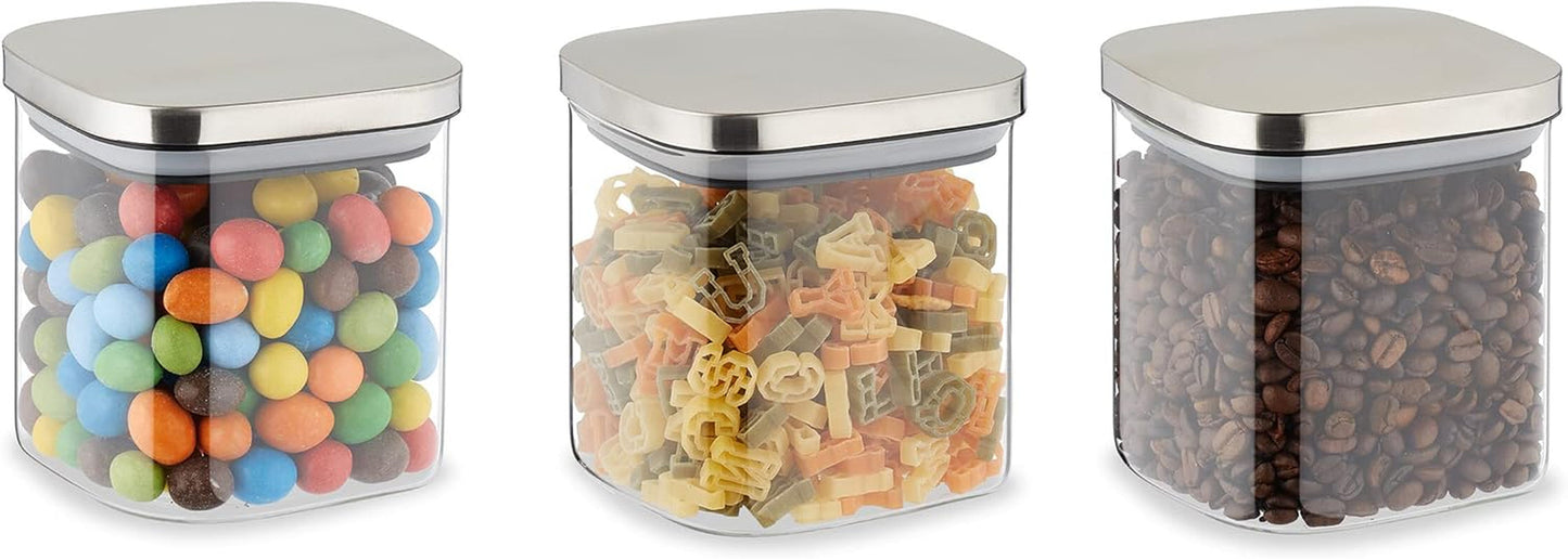 Relaxdays Voorraadpotten met deksel Set van 3 vierkante voorraadpotten van 600 ml Luchtdichte glazen containers Helder/zilveren voedselbewaardozen Naty Shop Standaardtitel