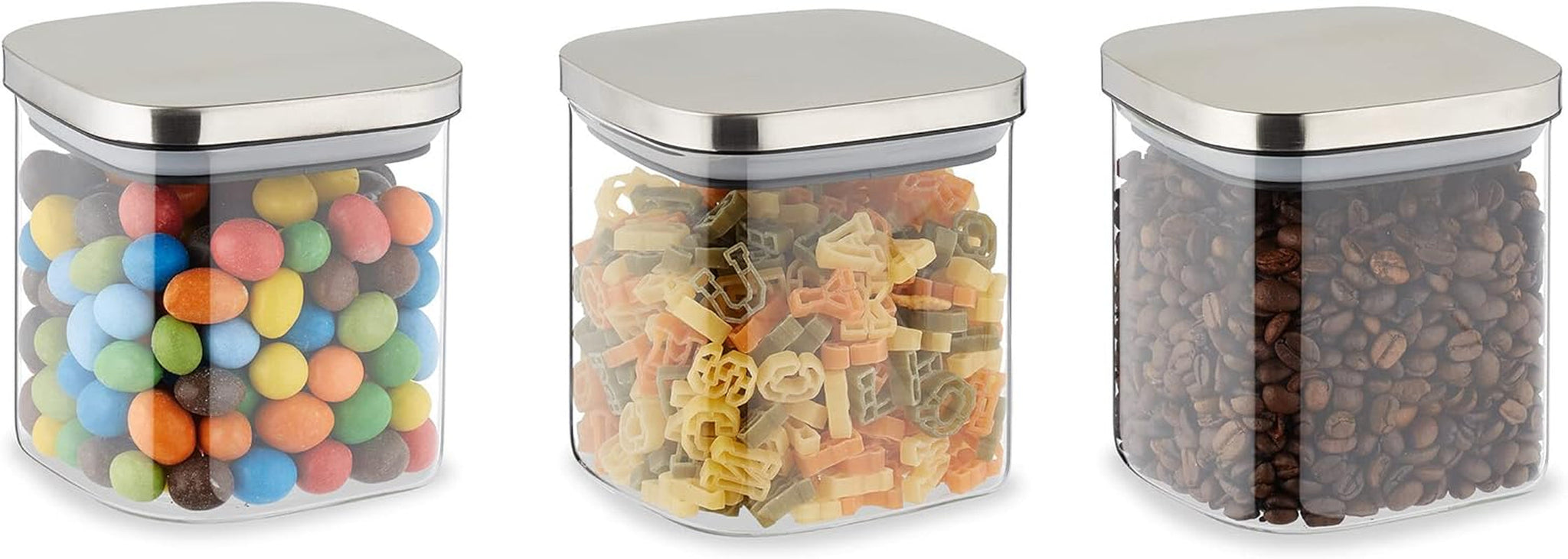 Relaxdays Voorraadpotten met deksel Set van 3 vierkante voorraadpotten van 600 ml Luchtdichte glazen containers Helder/zilveren voedselbewaardozen Naty Shop Standaardtitel