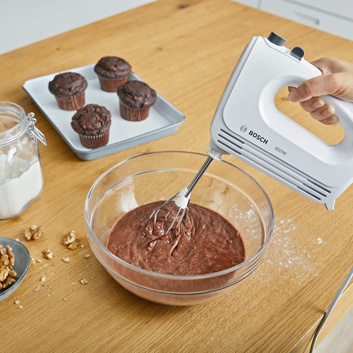Bosch Hausgeräte Handrührer Clevermixx MFQ24200, 2 Rührbesen, 2 Spülmaschinengeeignet, 4 Stufen, Leicht, Leise, 400 W Weiß/Edelstahl Keuken Naty Shop