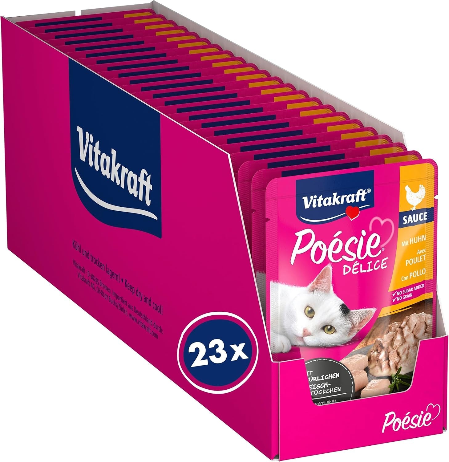 Vitakraft Poésie Délice, Nassfutter Katze, Katzennassfutter in saus, met kip, Vorratspackung, ohne Zusatz von Zucker en Getreide (23x 85g)