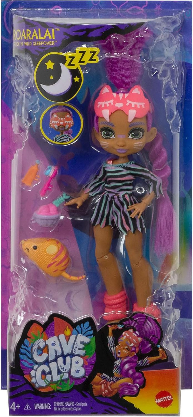 Cave Club GTH02 - Roaralai Pyjama Party Fun Doll, gelede pop met paars haar en accessoires, cadeau voor kinderen vanaf 4 jaar, veelkleurig