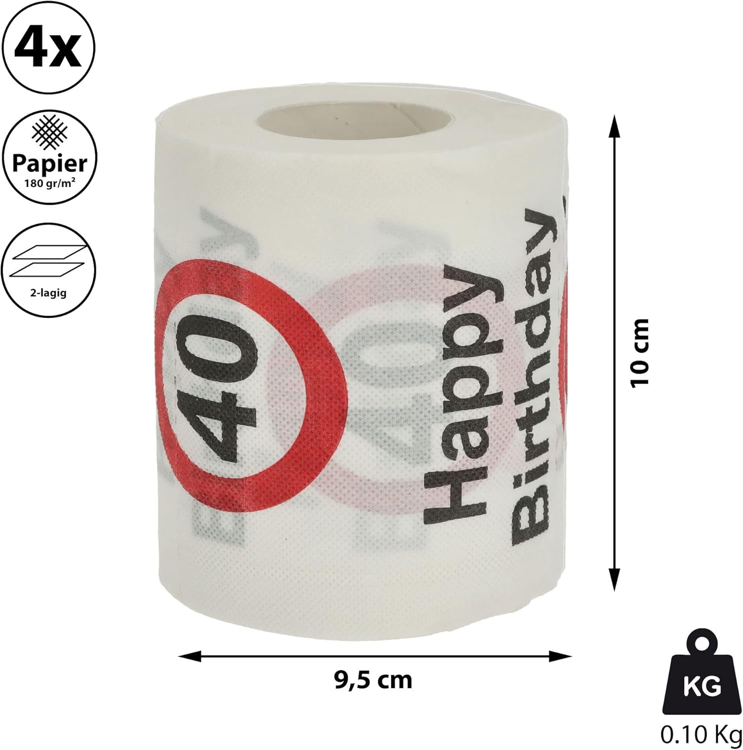 Set van 4 toiletpapieren "Happy 40th birthday" │40th birthday 24 meter 2-stoffen 180Gr/Qm │ Toiletpapier motief toiletpapier (4 X toiletpapier 40)
