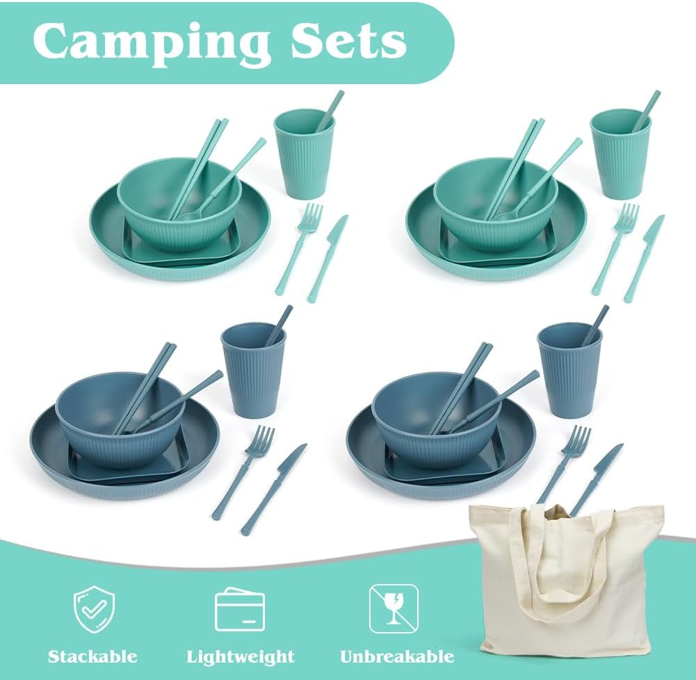 53-delig 4-persoons campingservies, onverwoestbaar 4-persoons campingservies, lichtgewicht plastic servies met draagtas, stapelbare borden en schalen, BBQ-tuin-picknickservies