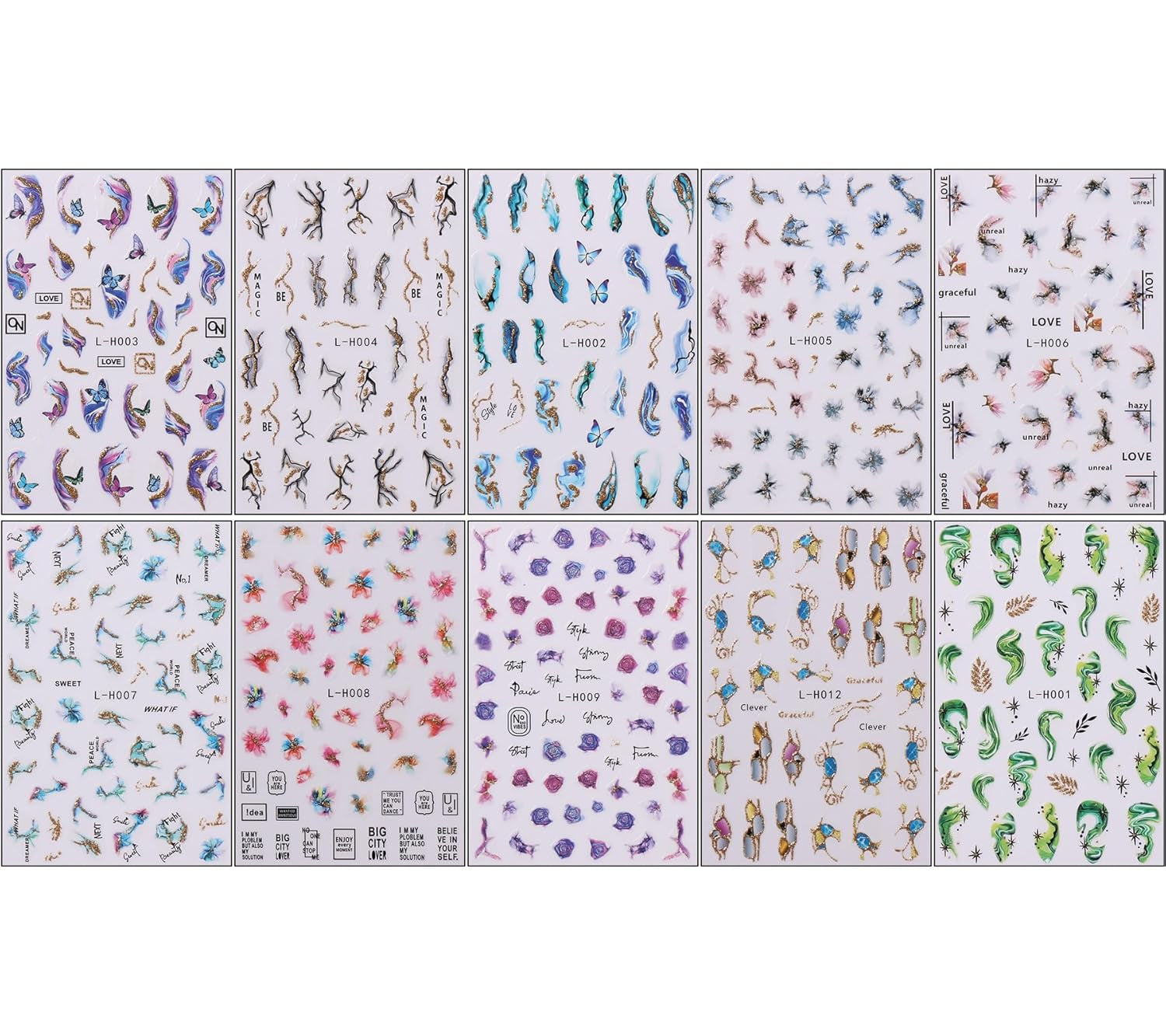 JMEOWIO Nagelsticker Marmor Französische Spitze 10 Blatt Nail Art Sticker Selbstklebend Nagelaufkleber Bunt Decoratie Nageldesign Zubehör
