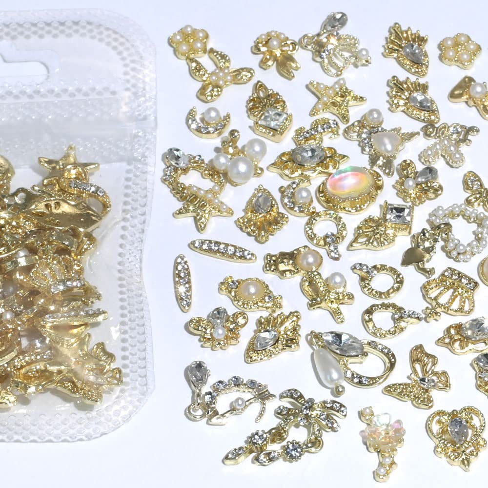 50 Stück Gold Nail Charms,Mix Styles Glitzersteine ​​​​Nägel Perle Legierung Nagel Steine ​​​​Blume Schmetterling Strasssteine ​​​​Nägel Herz Stern Nagel Charms DIY Nail Art Zubehör Frauen Nägel Deko