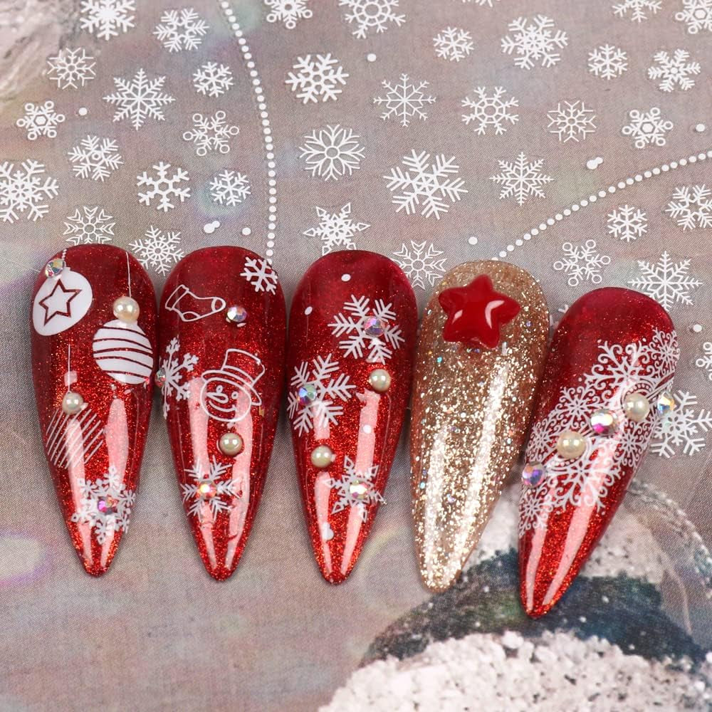 JMEOWIO Nagelsticker Weihnachten 8 Blatt Nagelaufkleber Selbstklebend Weiße Schneeflocken Winter Nail Art Sticker Decoratie Nageldesign Zubehör
