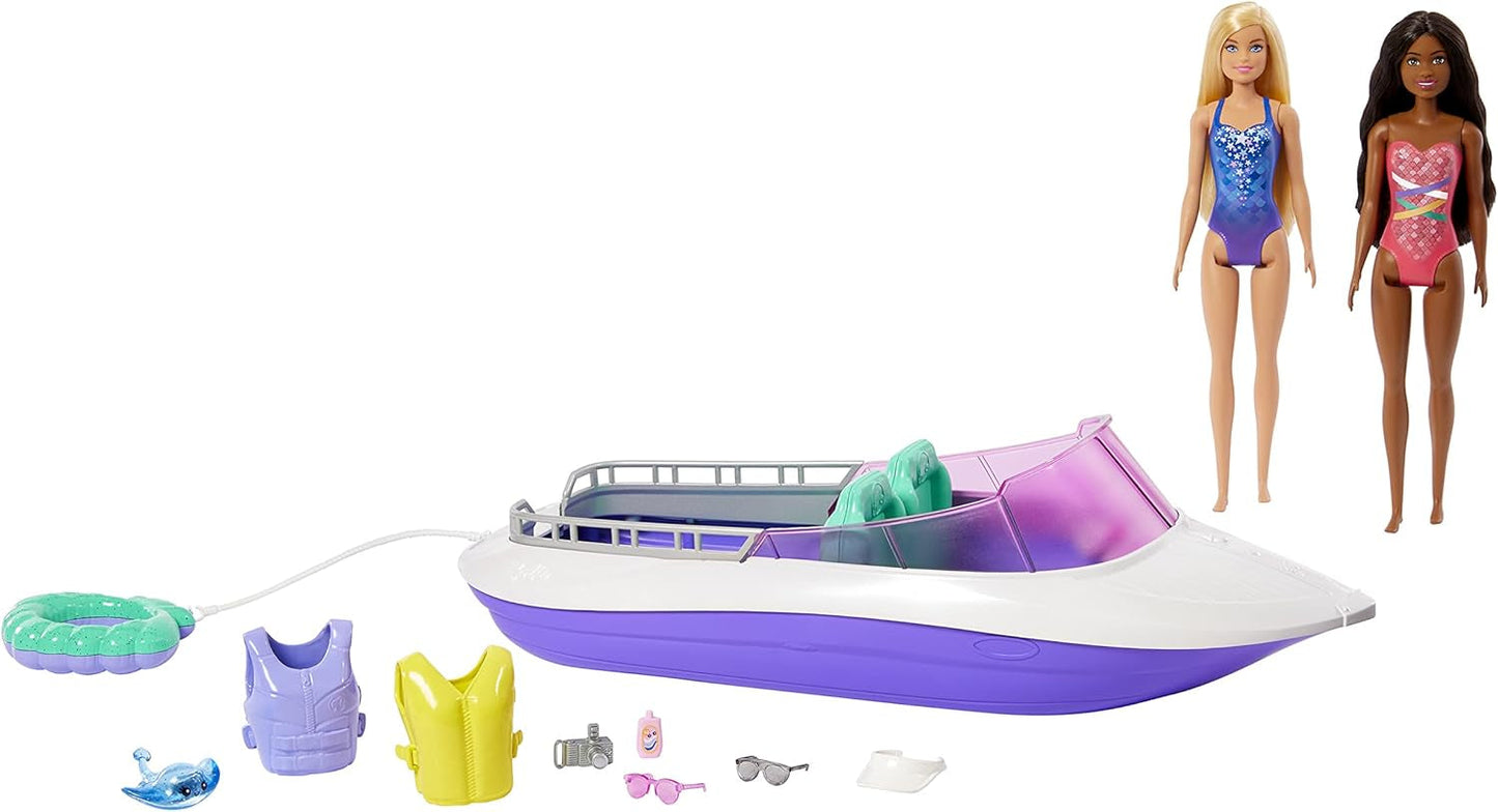 Barbie HHG60 - Zeemeermin-motorboot met 2 poppen (blond/brunette) en diverse accessoires, speelgoed voor kinderen vanaf 3 jaar