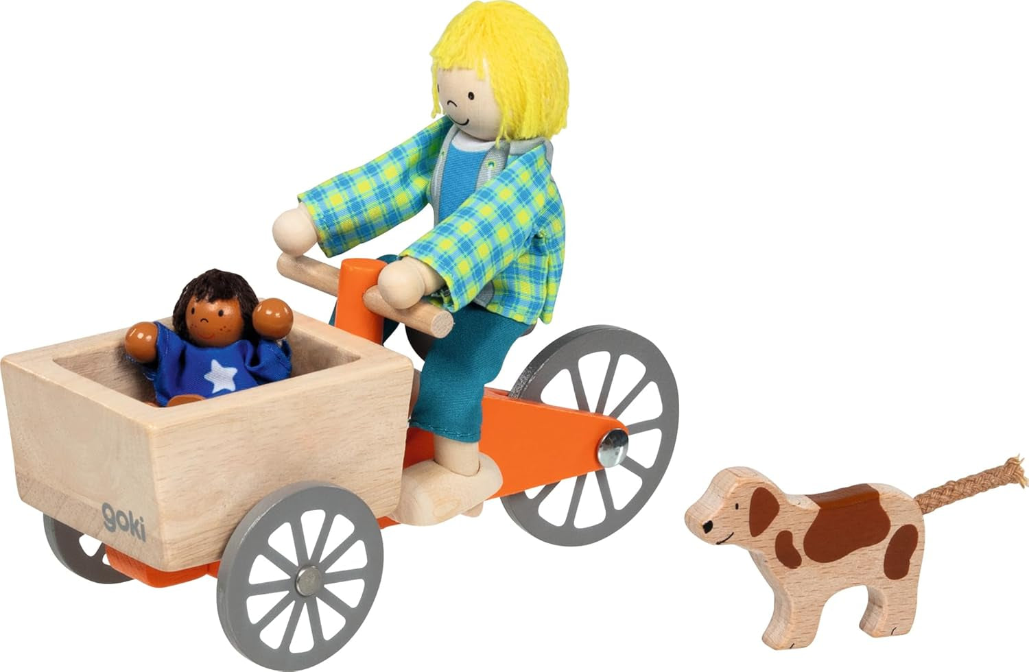 Bakfiets met 2 flexibele poppen en hond: Bakfiets: 16 x 6,8 x 7,5 cm, hout, stof, 4 stuks, per set, bruin