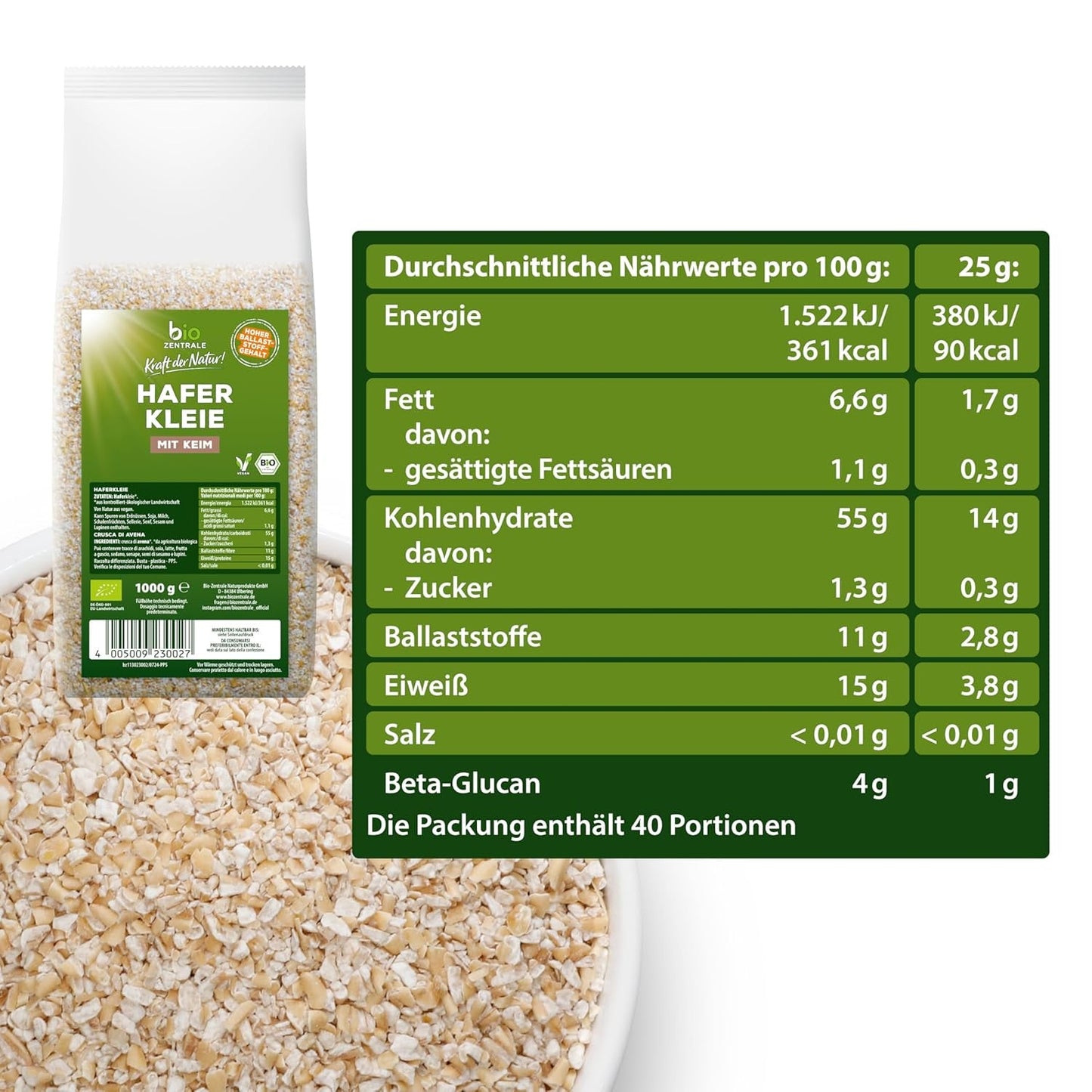 Biocentral biologische haverzemelen 1 kg | Voordelig pakket | Vezelrijke eiwitbron | Natuurlijk veganistisch | Van de EU-landbouw | Laag suikergehalte
