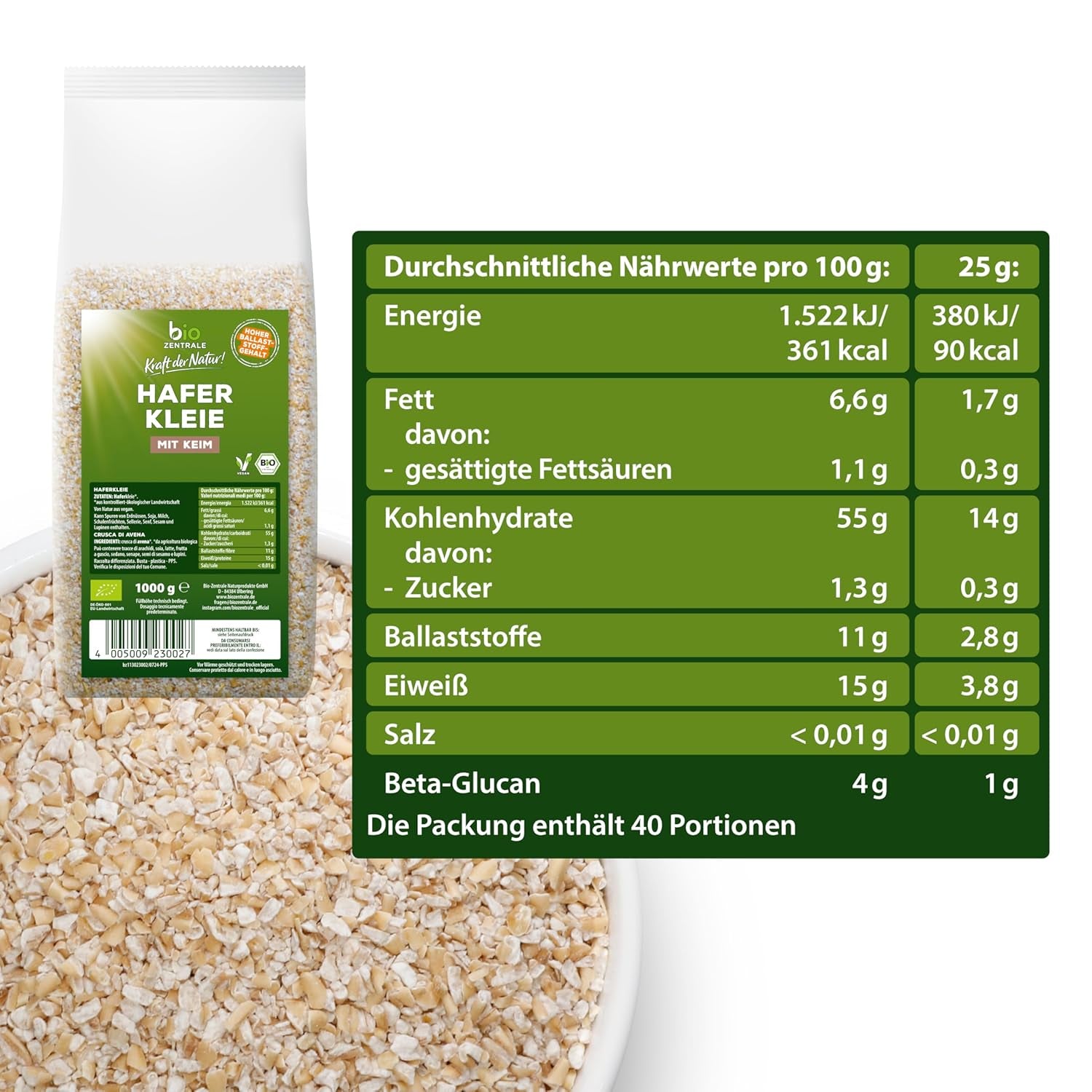 Biocentral biologische haverzemelen 1 kg | Voordelig pakket | Vezelrijke eiwitbron | Natuurlijk veganistisch | Van de EU-landbouw | Laag suikergehalte