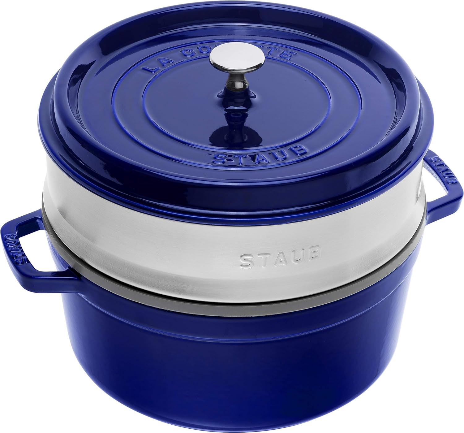 STAUB Gusseisen Bräter/Cocotte, Mit Dämpfeinsatz Aus Edelstahl, Rund 26 Cm, 5,2 L, Aromaregen-functie voor optimale werking, voor alle herdarten Inkl. Induktion & Backofen, Kirschrot, Rot Vormen en bakplaten Naty Shop Dunkelblau