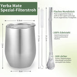 Moderne Mate-mok 340 ml, geïsoleerde dubbelwandige roestvrijstalen Yerba Mate-mokset, Mate-theemok met BPA-vrij deksel, bombillas en een reinigingsborstel (zilver)