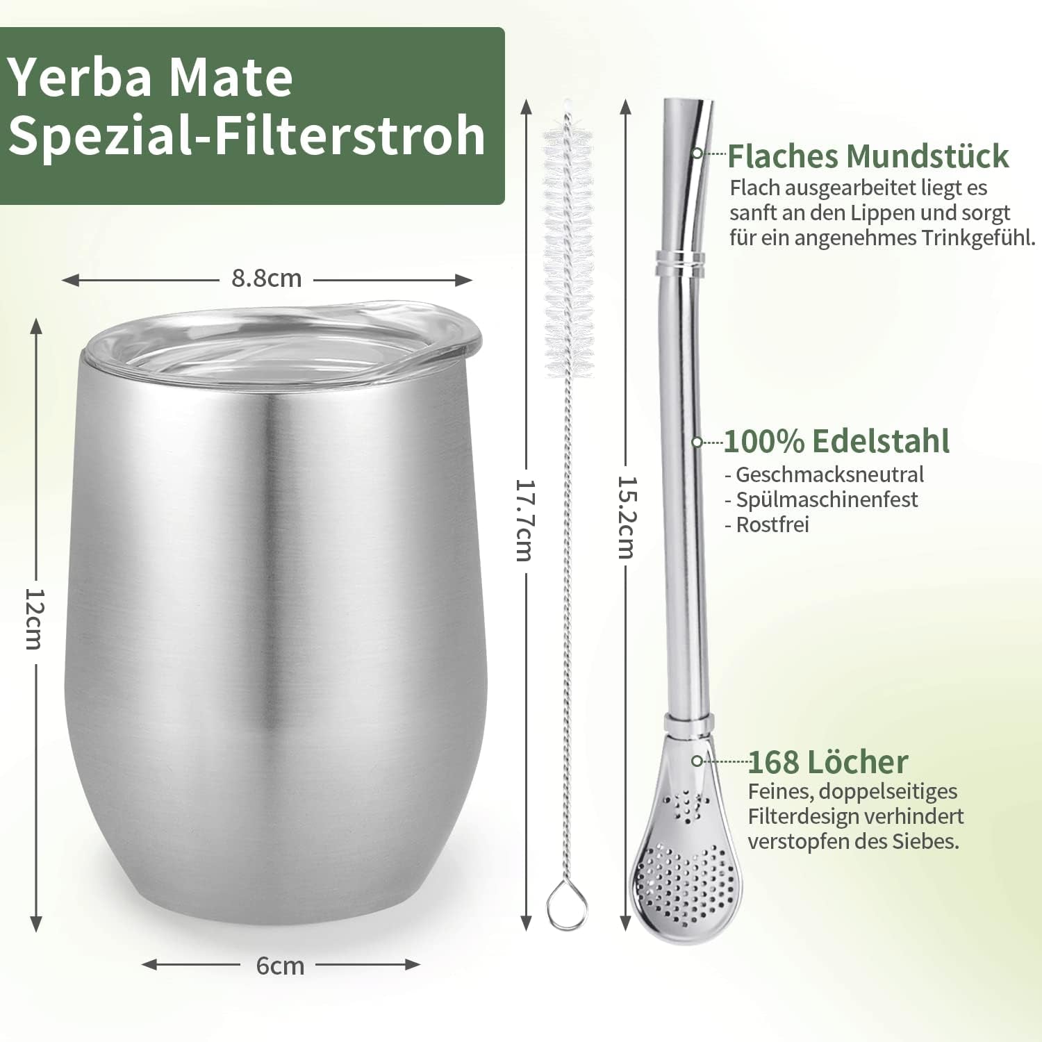 Moderne Mate-mok 340 ml, geïsoleerde dubbelwandige roestvrijstalen Yerba Mate-mokset, Mate-theemok met BPA-vrij deksel, bombillas en een reinigingsborstel (zilver)