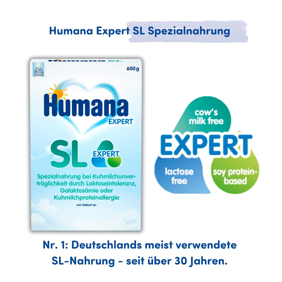 Humana SL Expert, vanaf de geboorte, speciale formule voor koemelkintolerantie veroorzaakt door lactose-intolerantie, galactosemie of koemelkeiwitallergie, voor zuigelingen en jonge kinderen, 600 g