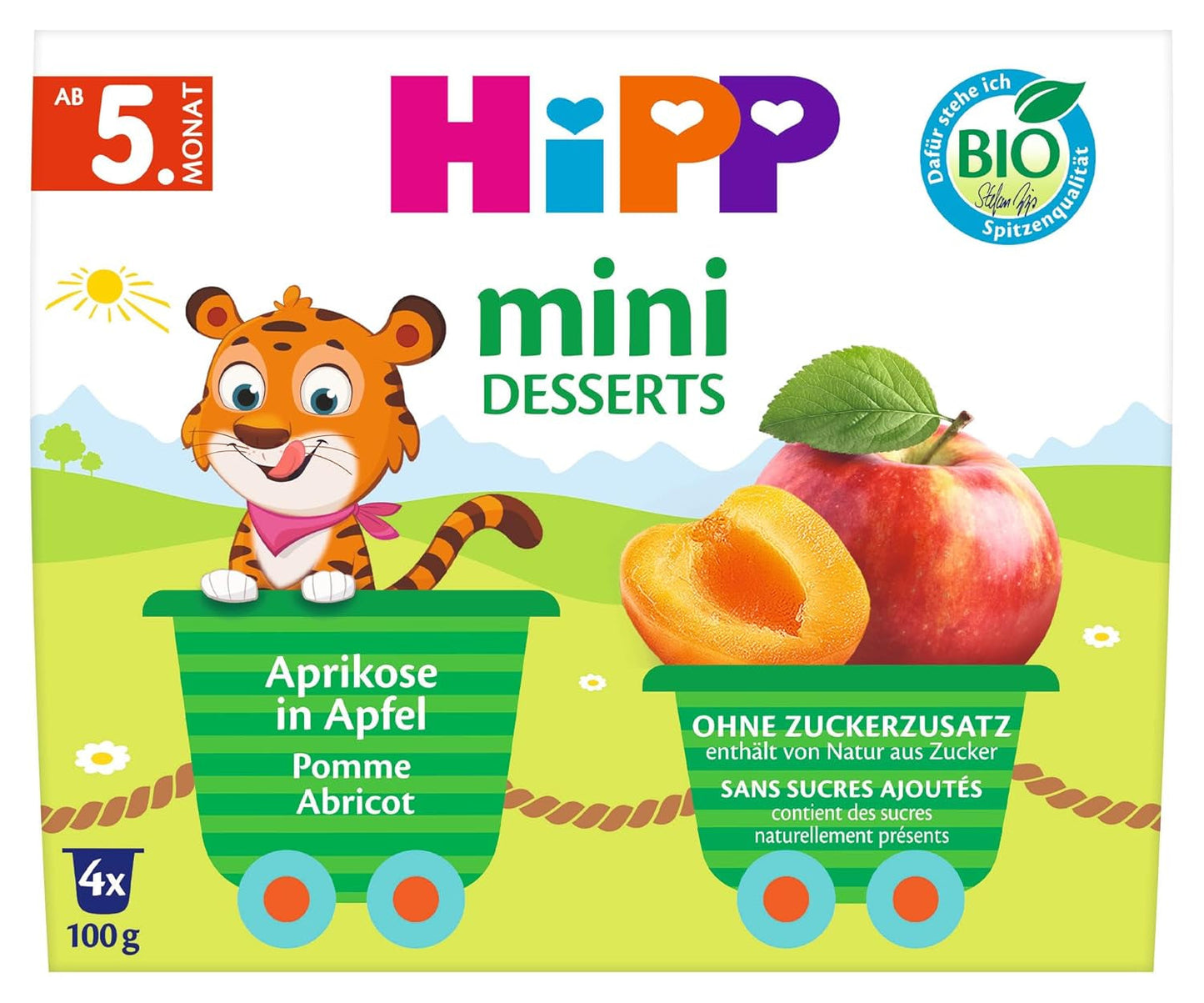 HiPP Biologisch Minidessert met Abrikoos en Appel (pak van 6 x 4 x 100 g), vanaf 5 maanden, in praktische kopjes, zonder toegevoegde suiker, beste biologische kwaliteit