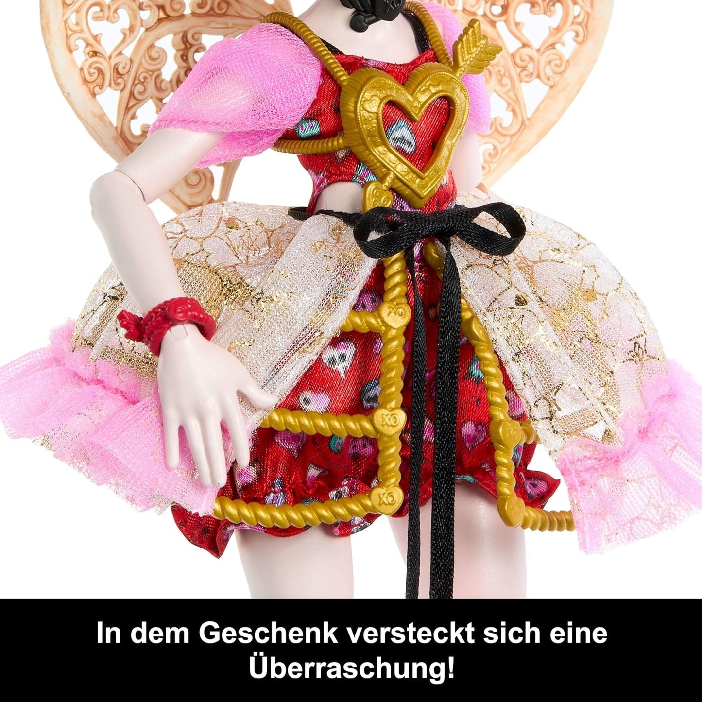 Monster High Scary Sweet Birthday Cupido Asteria-pop in roze en rode feestjurk met thema-accessoires zoals uitnodiging, ballon, cadeau en meer, JBG77