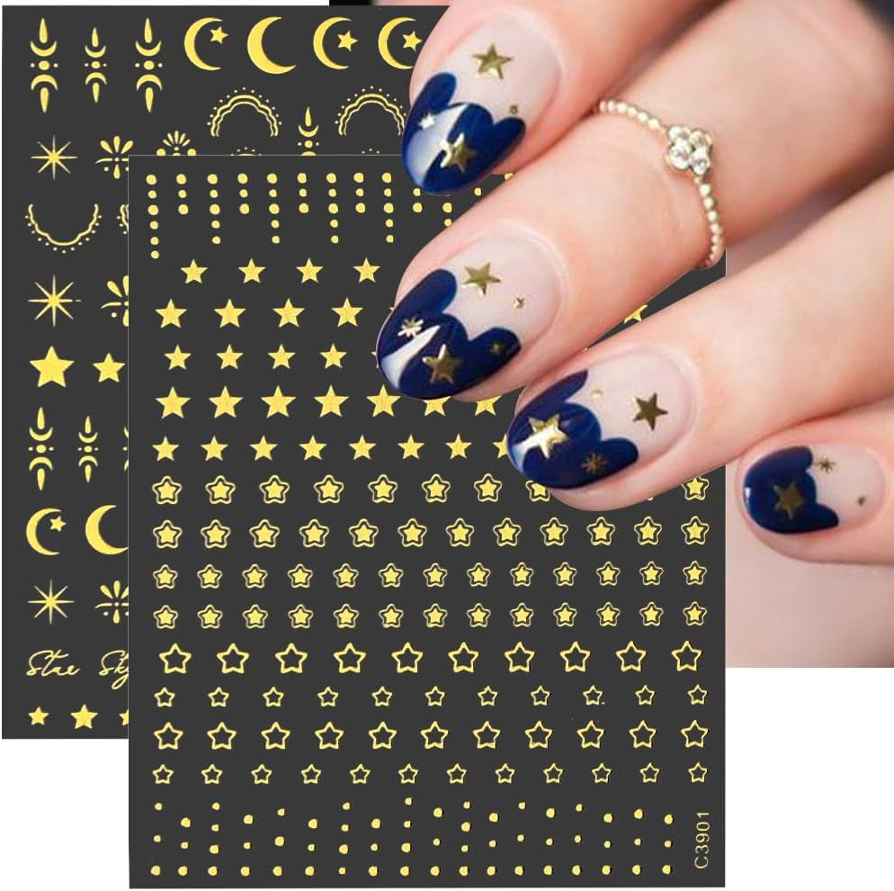 gouden ster en maan nagelstickervellen, engelenvleugels, bruine gouden nagelstickers, sterren, nagelfolie, nagelstickers, nageldesignaccessoires, nagelstickers