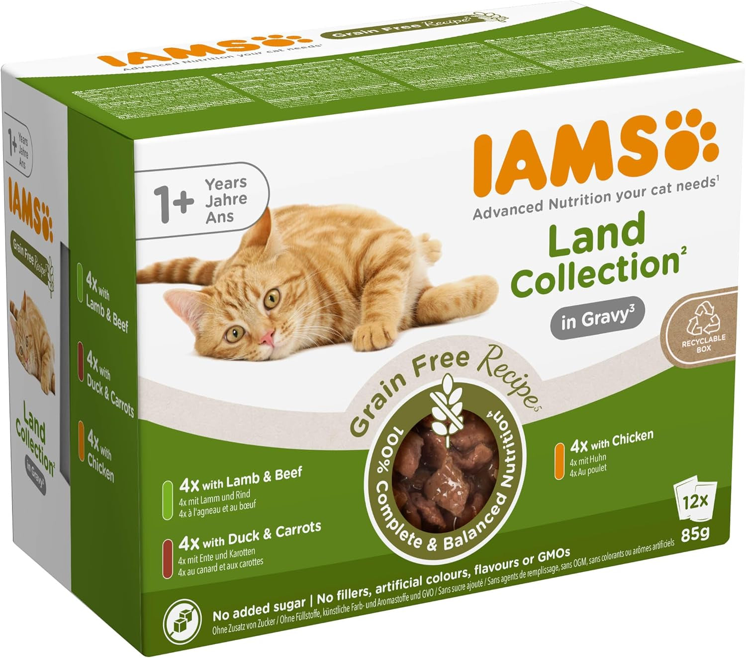 IAMS Delights Land Collection Graanvrij nat kattenvoer - Vleesvariatiepakket Multipack Graanvrij natvoer voor katten van 1 jaar en ouder 12 x 85 g