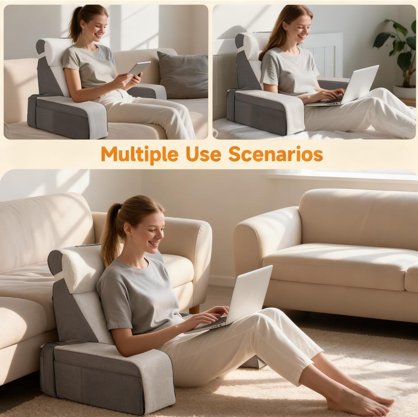 Groot leeskussen met afneembare neksteun en armleuningen, rugkussen voor bed, ergonomisch rugkussen met arm, zak en wasbare hoes voor lezen en tv kijken.
