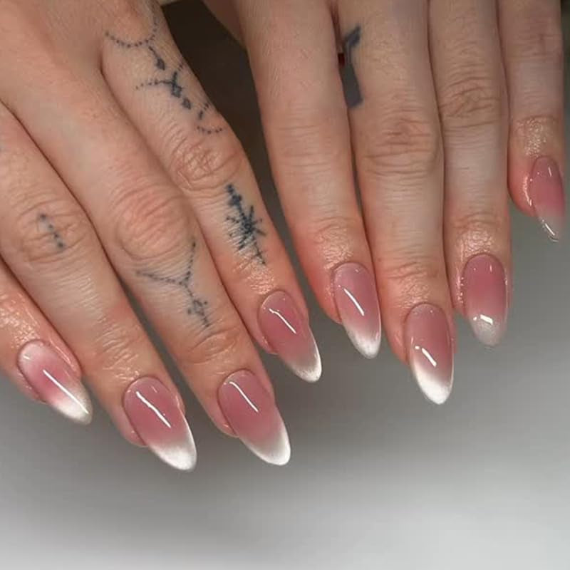 Moonglow korte magnetische kunstnagels, roze amandelrood gradiënt glitter kattenoog met lijm, roze rode ombre glitter fototherapie kunstnagels voor dames en meisjes