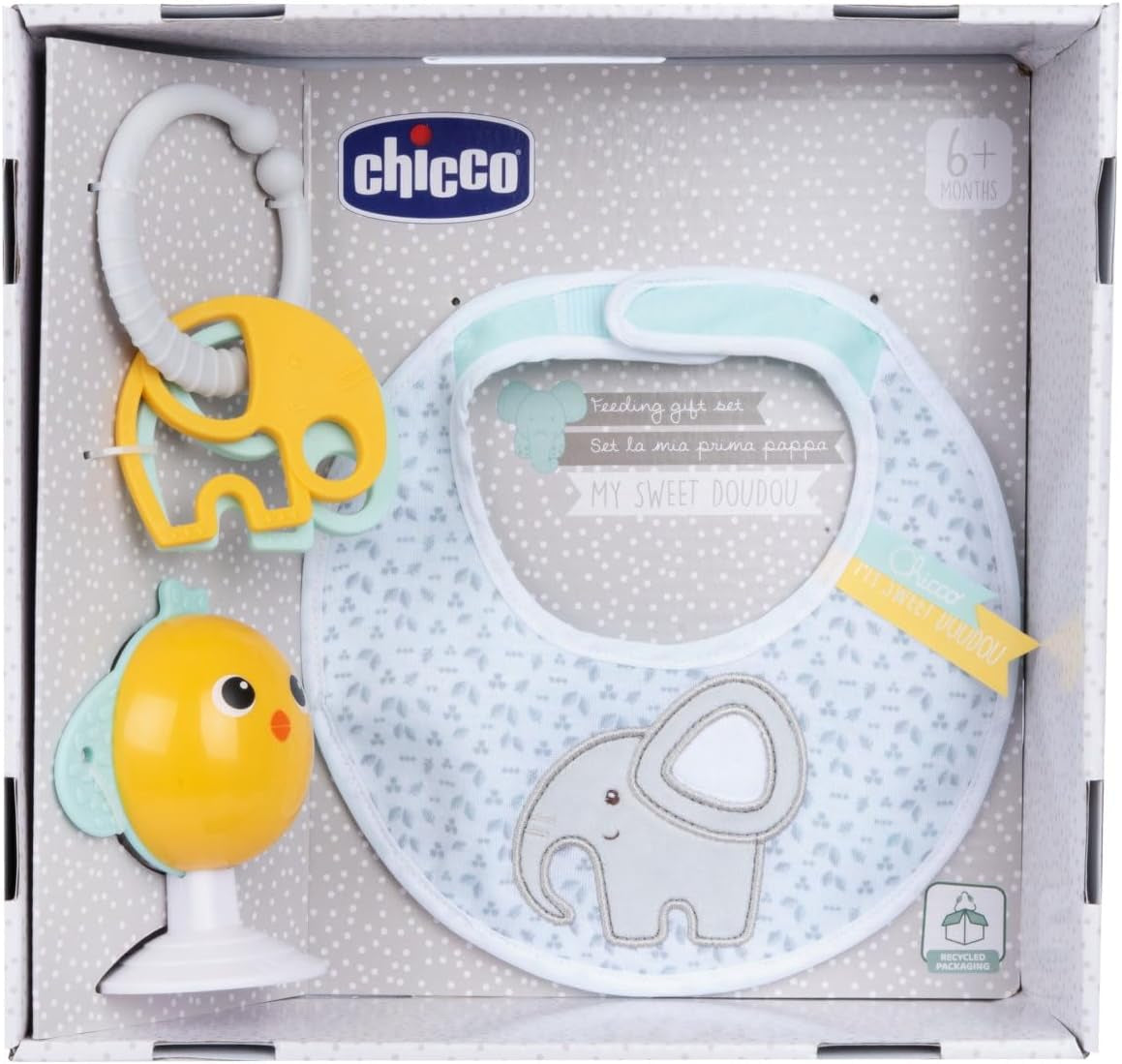 Chicco maaltijdcadeauset Dou Dou, slabbetje, kinderstoelspeeltje met zuignap in de vorm van een schattige kip, met twee kleurrijke rammelaars, makkelijk te vangen vanaf 6 maanden Baby Toys Naty Shop Standaard titel