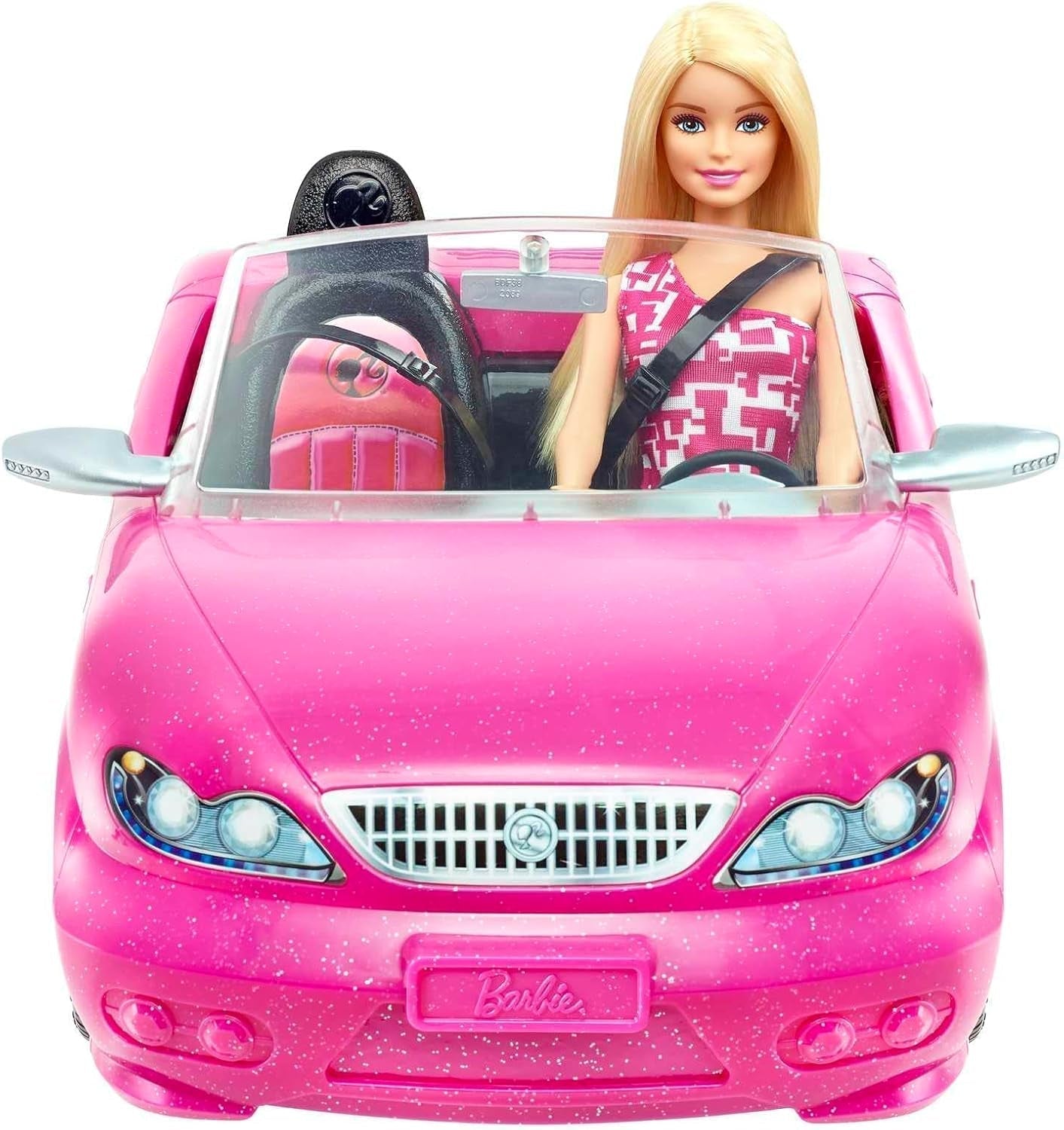 Barbie-pop en roze glitter-cabriolet, realistisch bandenlogo, speelgoed van 3 jaar oud, DJR55 Naty Shop-poppen