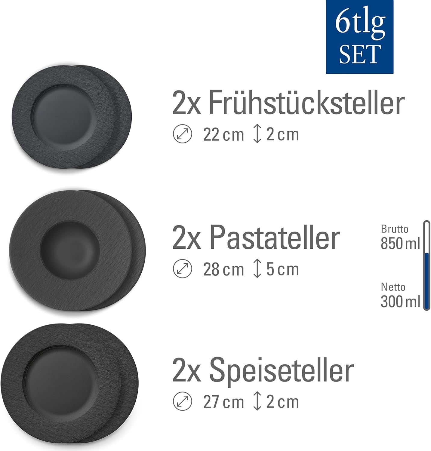 Villeroy & Boch - Manufacture Rock Serviesset, 6-delig, Serviesset voor 2 personen, Premium Porselein, Zwart