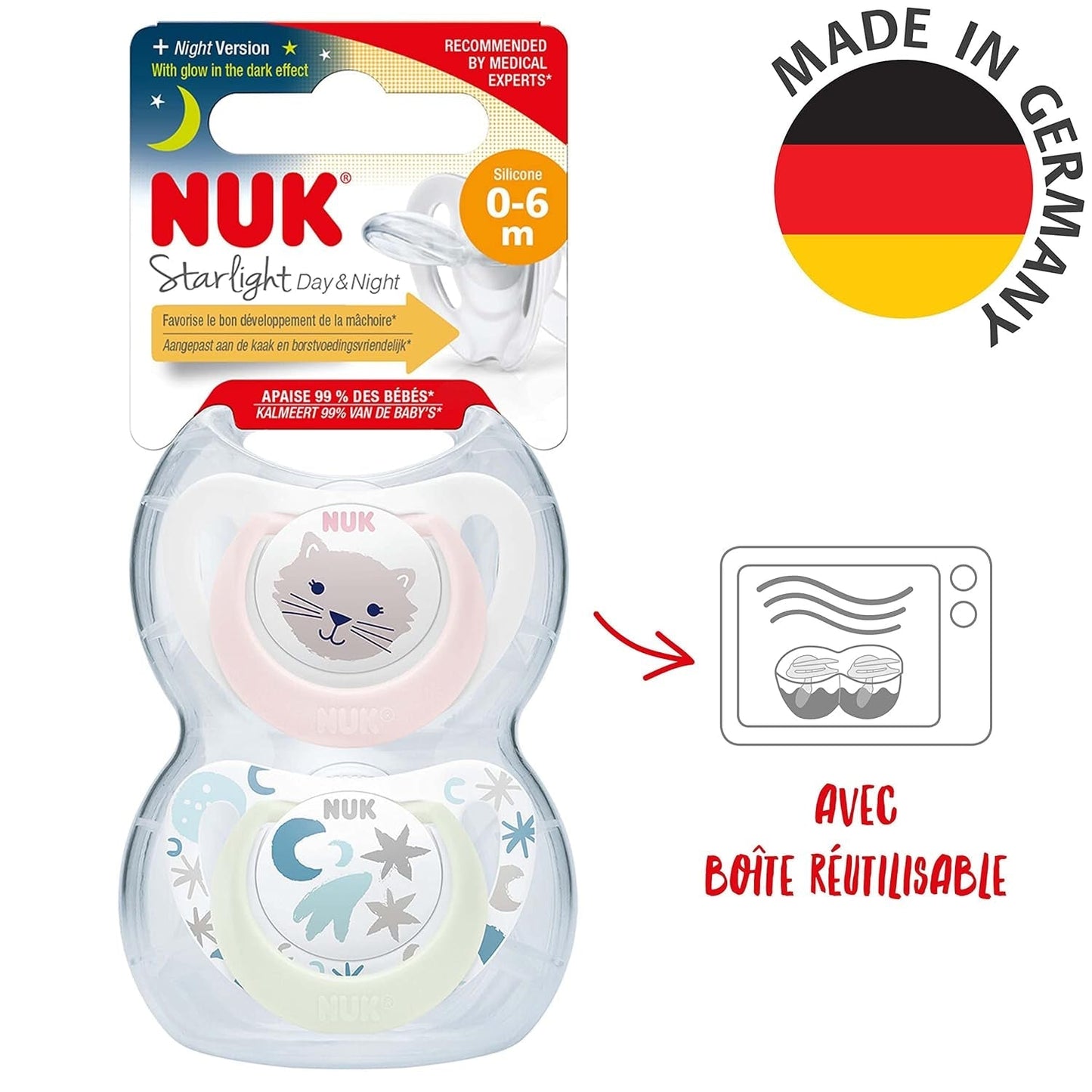 NUK Star Night & Day Babyfopspeen 0-6 maanden Glow in the Dark BPA-vrij siliconen roze kat 2 stuks