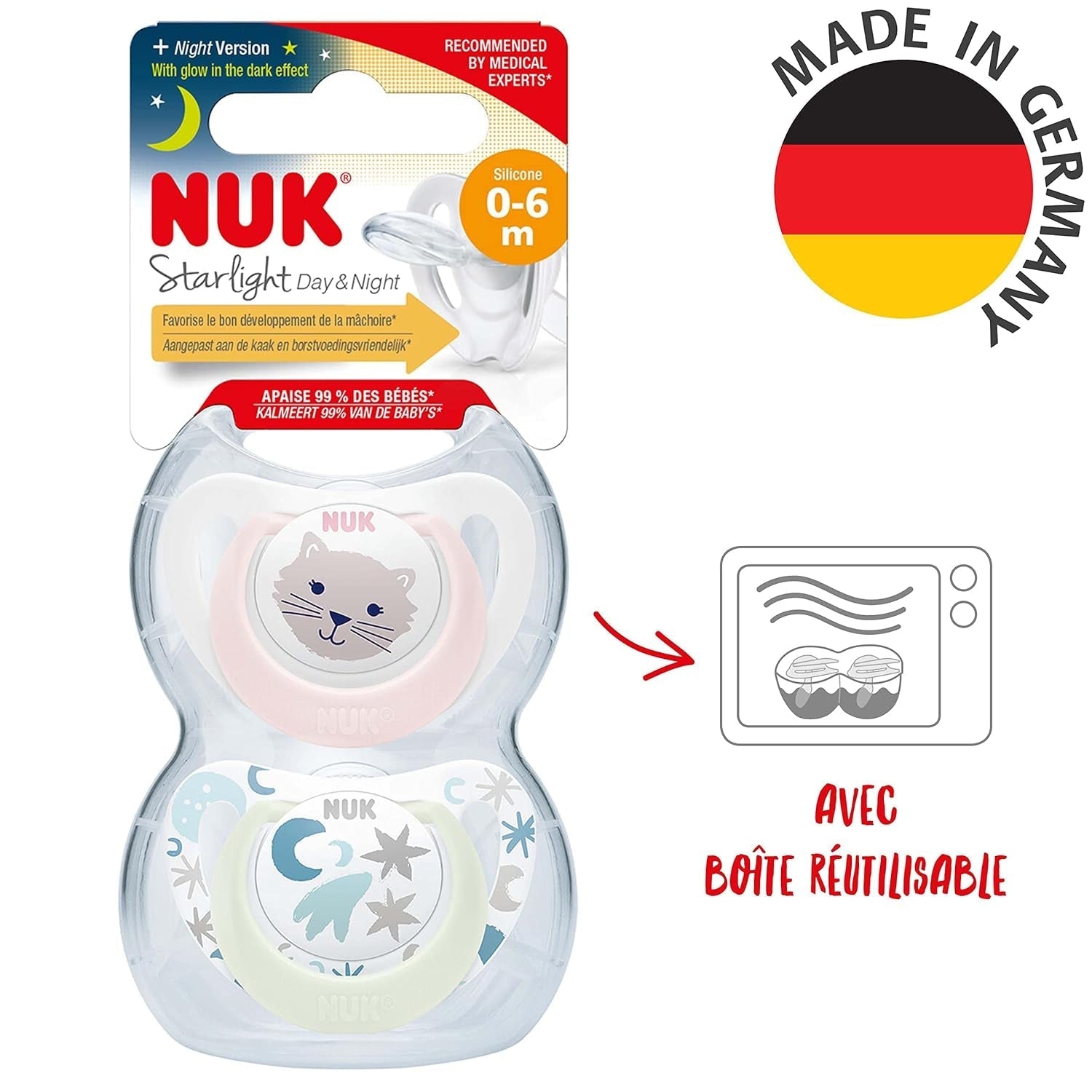 NUK Star Night & Day Babyfopspeen 0-6 maanden Glow in the Dark BPA-vrij siliconen roze kat 2 stuks