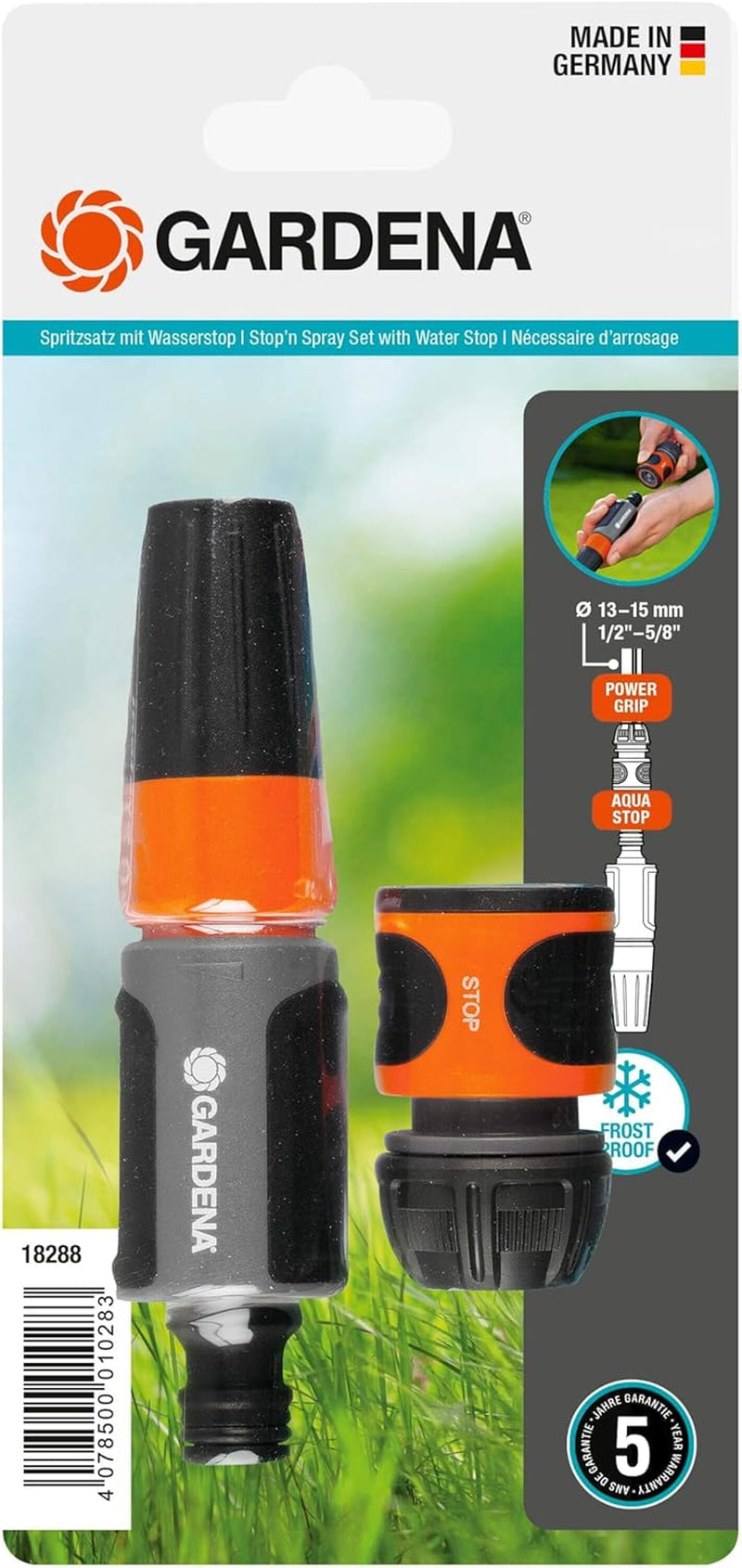 Gardena Sproeiset voor 13 mm (1/2 inch) en 15 mm (5/8 inch) slangen: Reinigingssproeiset met Aquastop voor snel wisselen van aansluiting (18288-20)