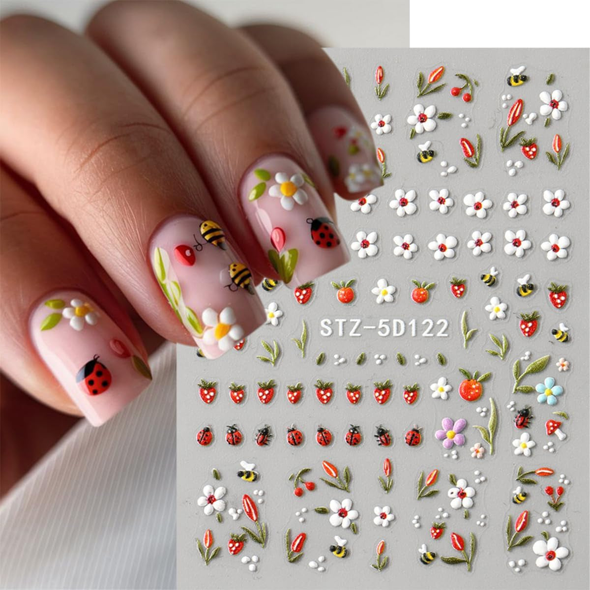 JMEOWIO 3D Nagelsticker Blumen Frucht Nail Art Sticker Selbstklebend Nagelaufkleber 5D Stereoskopische Decoratie Nageldesign Zubehör 4 Blatt