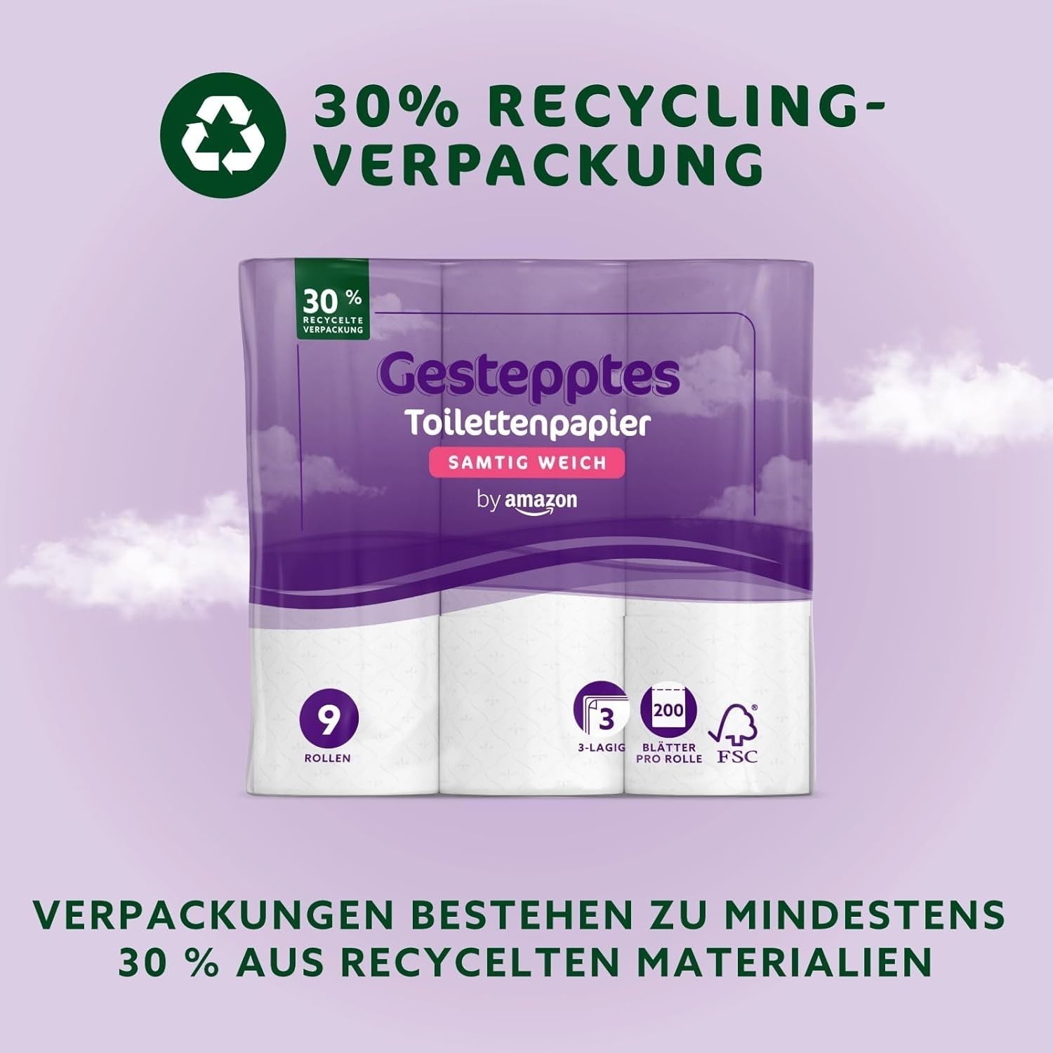 By Amazon toiletpapier, 3-laags gewatteerd, fluweelzacht, 36 rollen (9 rollen, 4 stuks), 200 vellen per rol, FSC-gecertificeerd