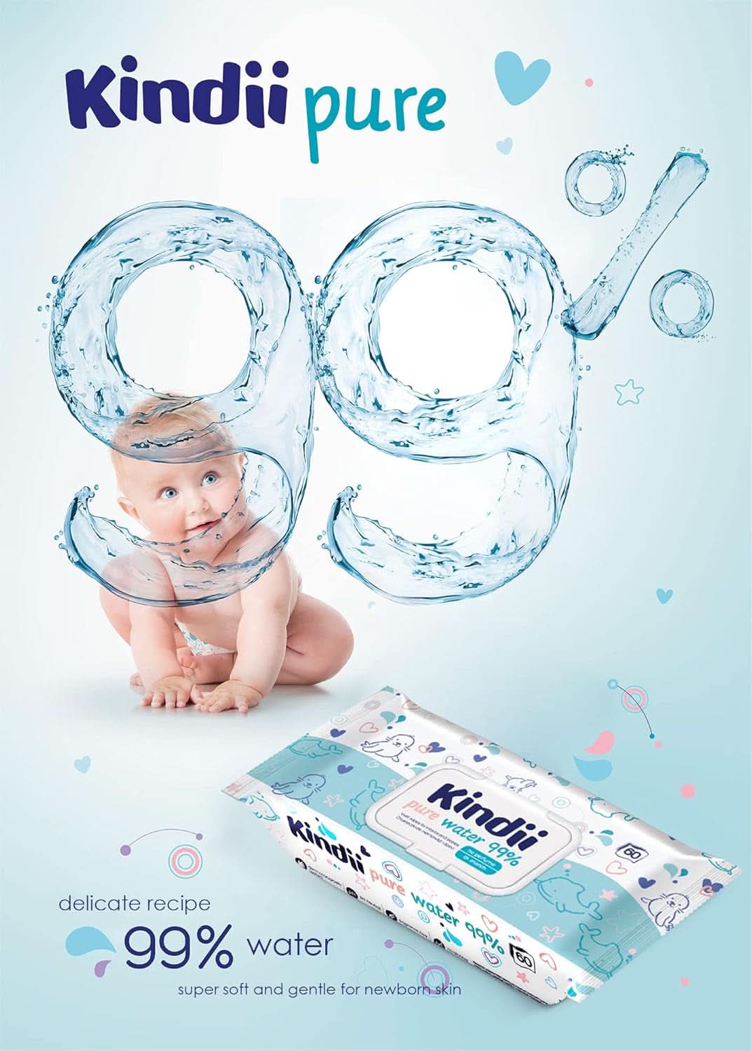 Kindii Feuchttücher Für Babies en Kinder Zuiver Water 99% - 99%Ige Zusammenzeit Auf Wasserbasis - Allantoïne - Unparfümiert - Dermatologisch Getestet - Für Empfindliche Haut - 720 Stück - 12X60 Stück Naty Shop