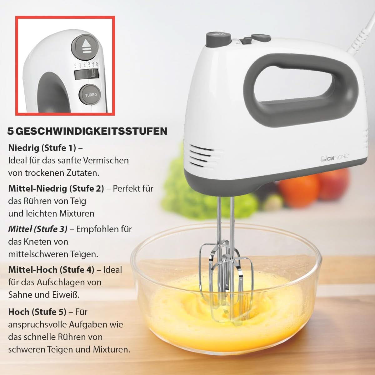 Clatronic-mixer | Kraftvoller 400 Watt-motor | Handmixer | Turbostufe & 5 Geschwindigkeitsstufen | Handmixer | Spülmaschinengeeignete Edelstahlquirle Und-Knethaken | HM 3775 Keuken Naty Shop