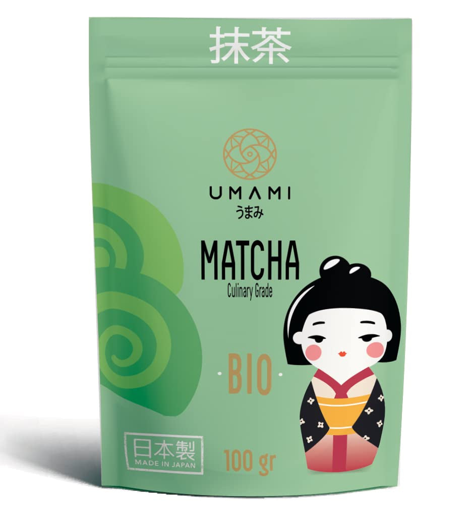 Umami Bio Matcha Groene Thee Poeder - Culinaire kwaliteit, geteeld in Uji, Kyoto (Japan) uit biologische landbouw. Uitstekend om te drinken of om te koken in de keuken 100 g...