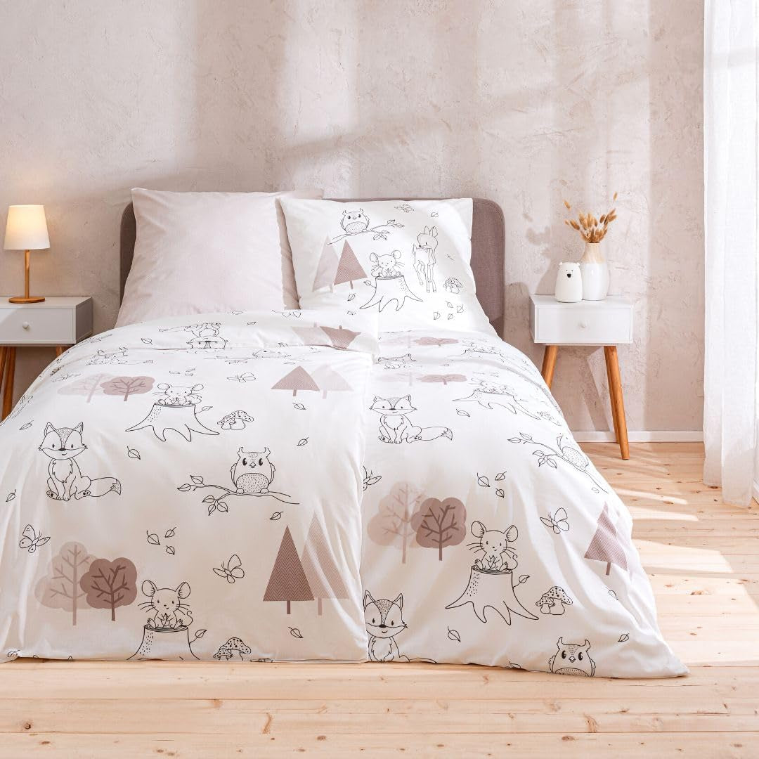 Kinderbedlinnen, vos, uil en bosdieren, 100% katoen Beddengoed - kinderen Naty Shop
