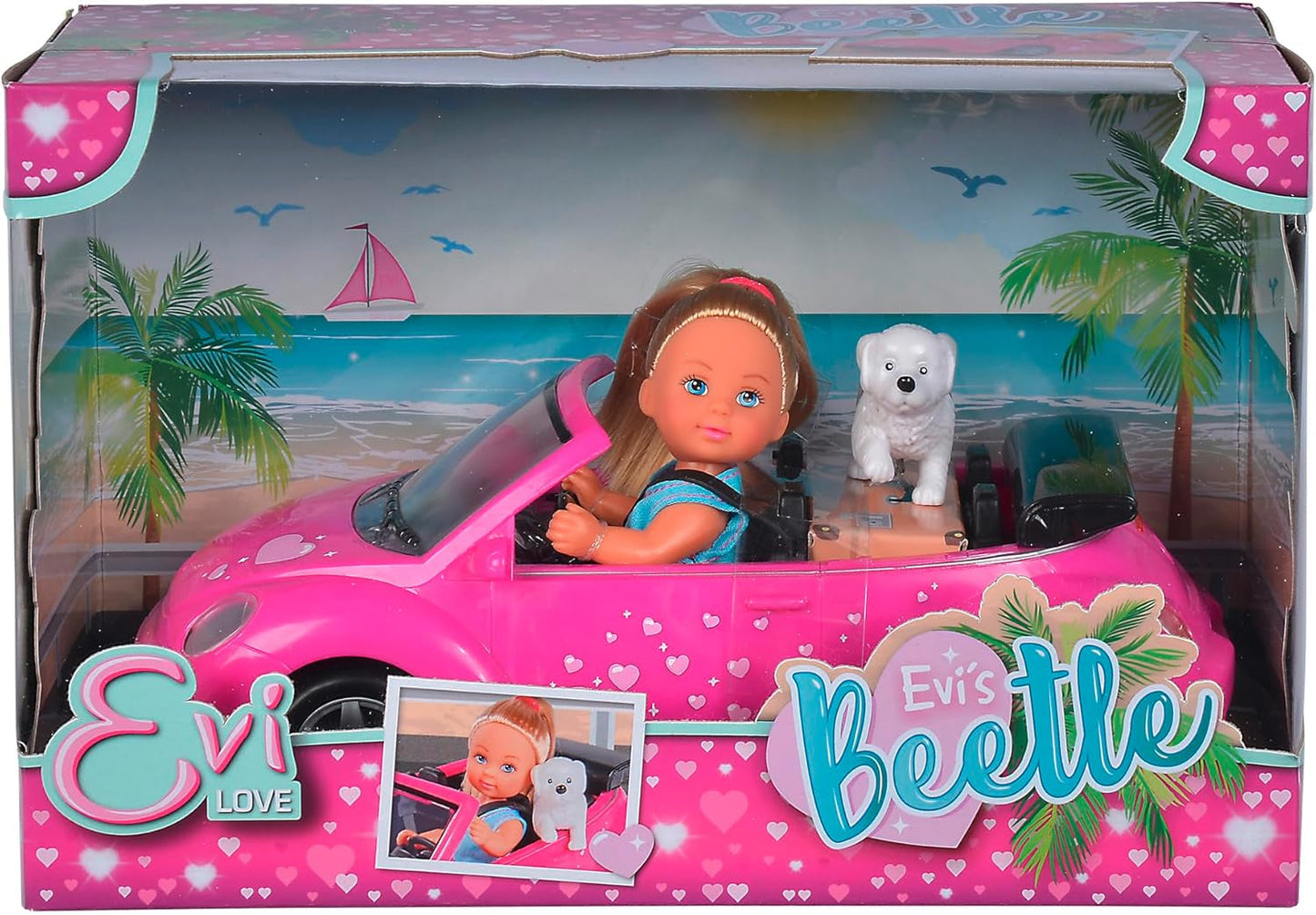 Simba 105731539 - Evi Love Beetle Evi's, Evi met auto, auto: 22 cm, met hond, modepop, 12 cm, voor kinderen vanaf 3 jaar