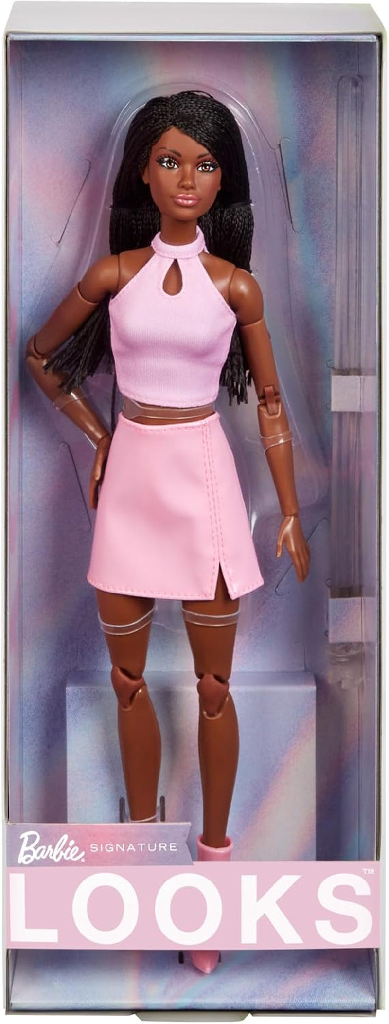 Barbie Looks-pop, verzamelfiguur nr. 21 met gevlochten zwart haar en moderne Y2K-mode, roze haltertop en kunstleren rok met laarzen, HRM13 Naty Shop Dolls Standaardtitel