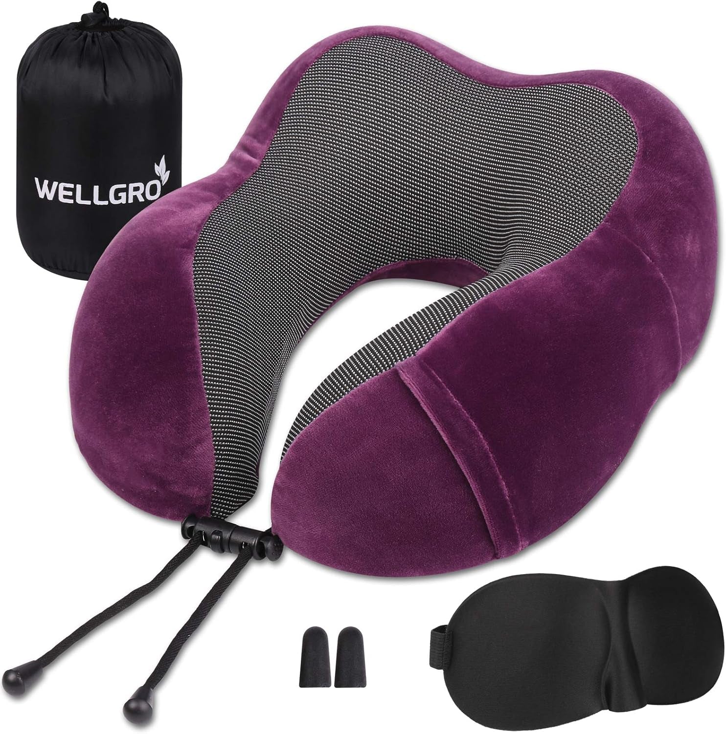 WELLGRO Nekkussenset met 3D-slaapmasker en oordopjes - Afneembare hoes - Traagschuim - Ritssluiting - Inclusief opbergtas - Reiskussen - Kleur selecteerbaar, Kleur: Grijs Naty Shop Fuchsia Orthopedische Cervicale Kussens