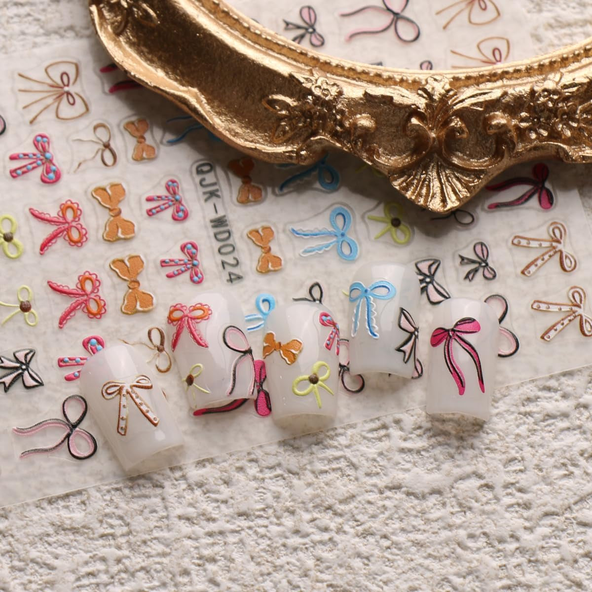 JMEOWIO Nagelsticker Bunte Herz Schleife 6 Blatt Nail Art Sticker Selbstklebend Nagelaufkleber Decoratie Nageldesign Zubehör