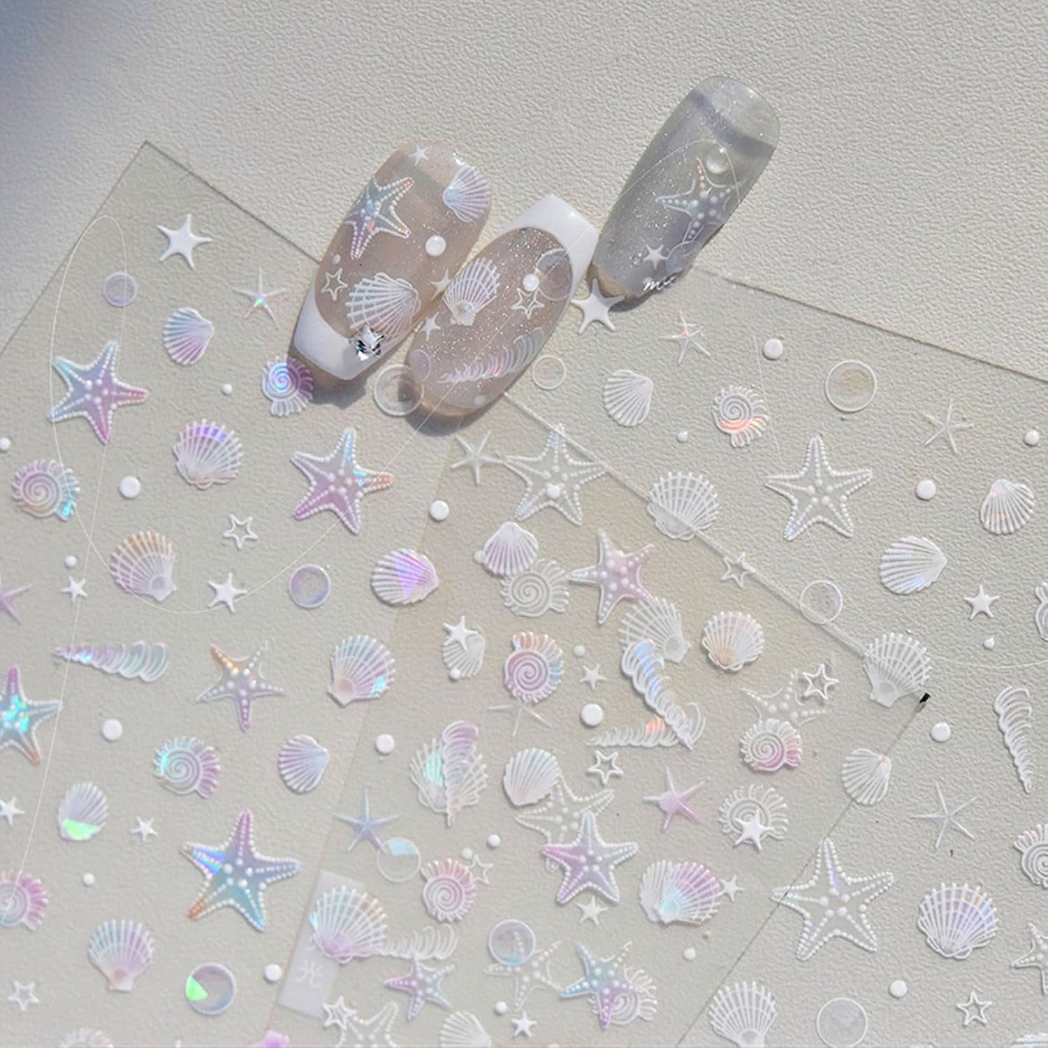 JMEOWIO 3D Nagelsticker Aurora Muschel Seestern Nail Art Sticker Selbstklebend Nagelaufkleber 5D Stereoskopisch Ozean Thema Decoratie Nageldesign Zubehör 1 Blatt