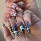 Mouyuglow Lange nagels Stiletto Melkwit Gradiënt Roze Glitter Cool Nepnagels met lijm Roze Ombre Glitter Kunstnagels