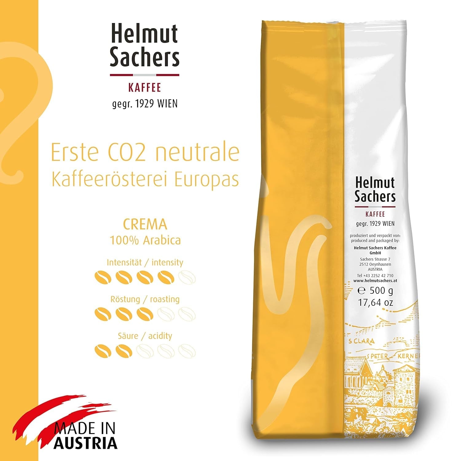 Helmut Sachers Koffie - Crème, Sterkte 4/5, 100% Arabica, hele koffiebonen, 6 x 500 g