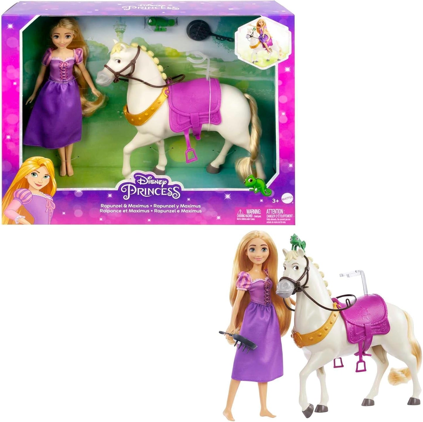 Disney Princess HMV99 - Beweegbare Rapunzel-pop en speeltoren met rondom plezier, 6 speelplekken en 15 accessoires, geïnspireerd op de Disney-film, speelgoed voor poppen van 3 jaar oud Naty Shop-poppen Rapunzel het paard