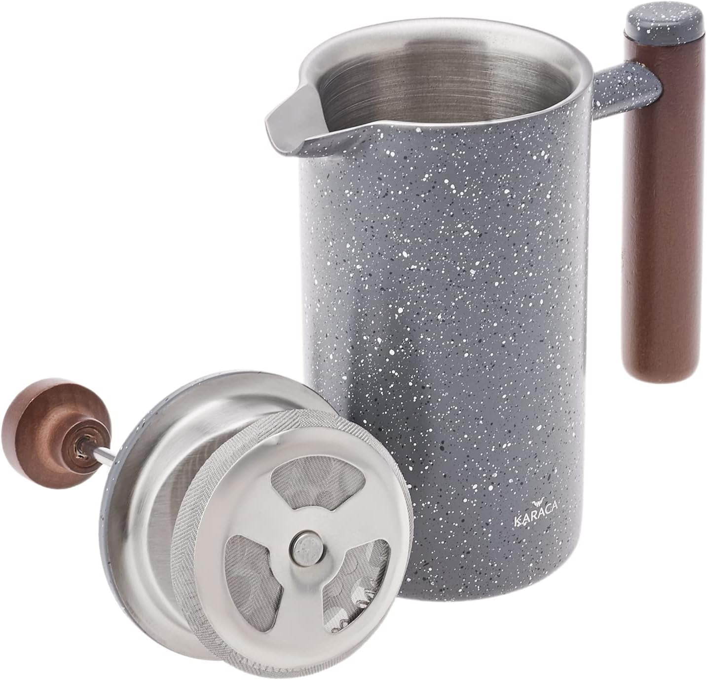 KARACA Marmeren dubbelwandige Franse pers met kastanjehouten handvat - Geïsoleerde Franse pers voor koffie - Home Travel Camping Koffiezetapparaat - 350 ml - Donkergrijs