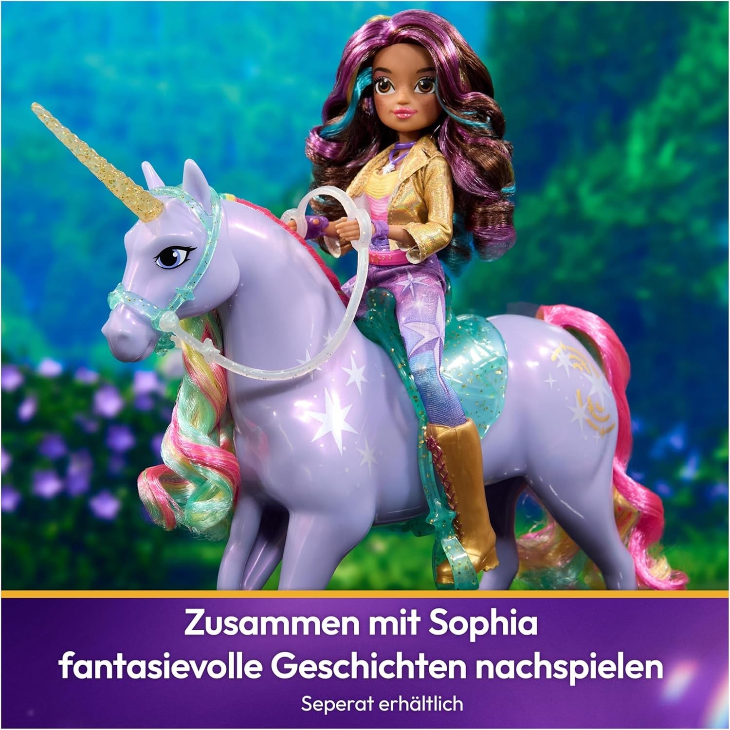 Wildstar Unicorn van Unicorn Academy - 28 cm grote originele Sophia eenhoorn uit de Netflix-serie met echte manen en staart, afneembaar hoofdstel, zadel en borstel, voor kinderen vanaf 4 jaar